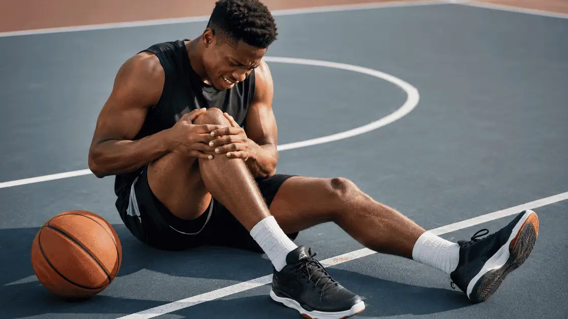 Basketball player holding his knee after a sports injury, showing serious knee injury symptoms on an outdoor basketball court.